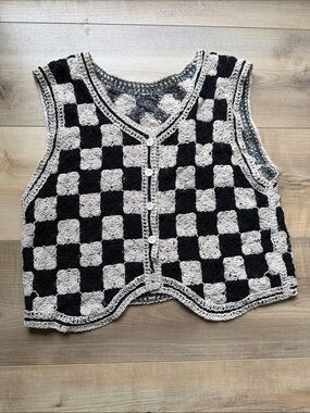Hand-Crocheted Checkerboard Vest in Black & Cream